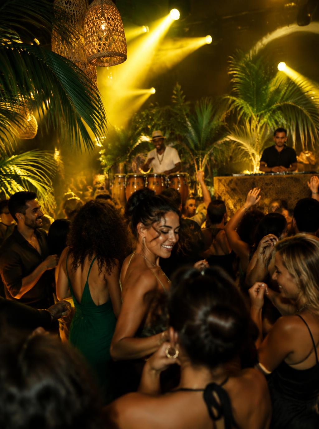 Soirée tropicale immersive avec percussionniste et public dansant
