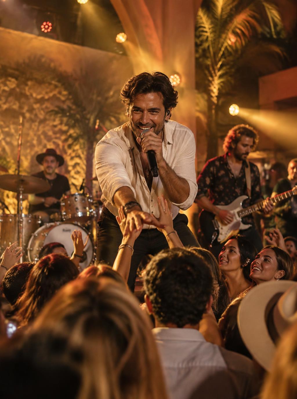 Singer and live band performing close to an enthusiastic audience